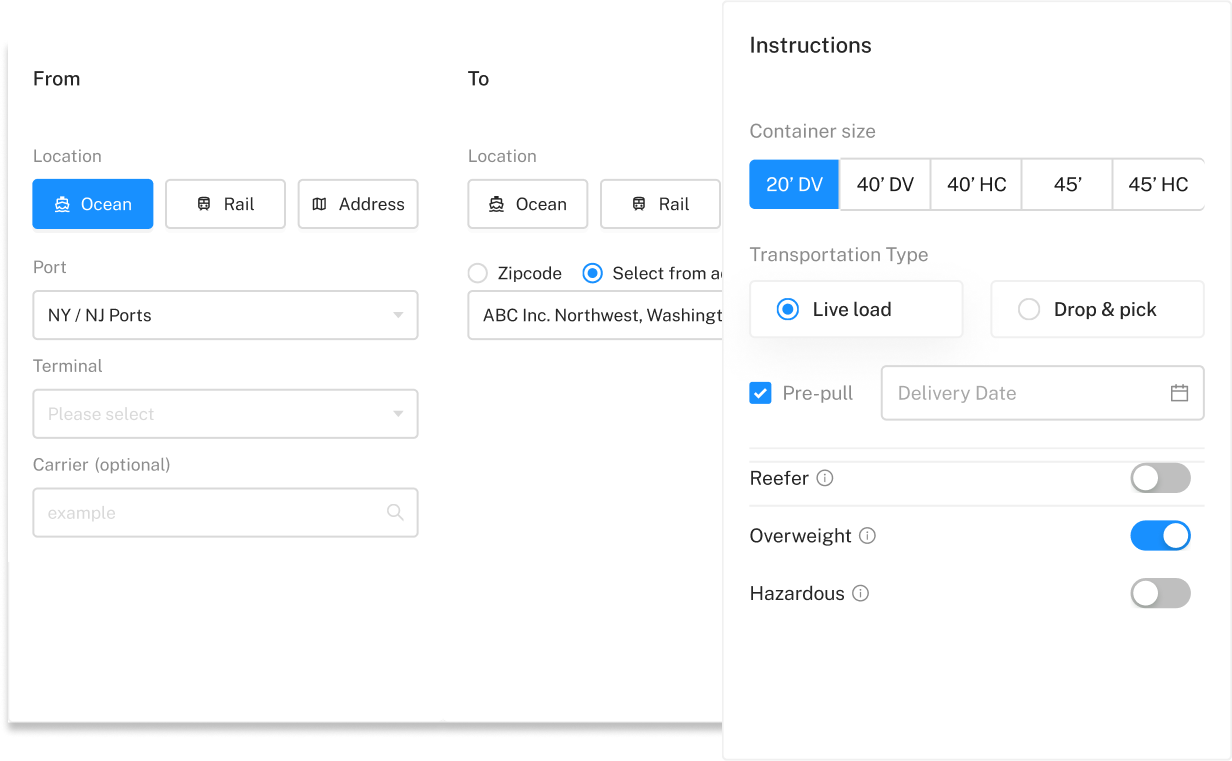 Screenshot of the booking and instruction forms