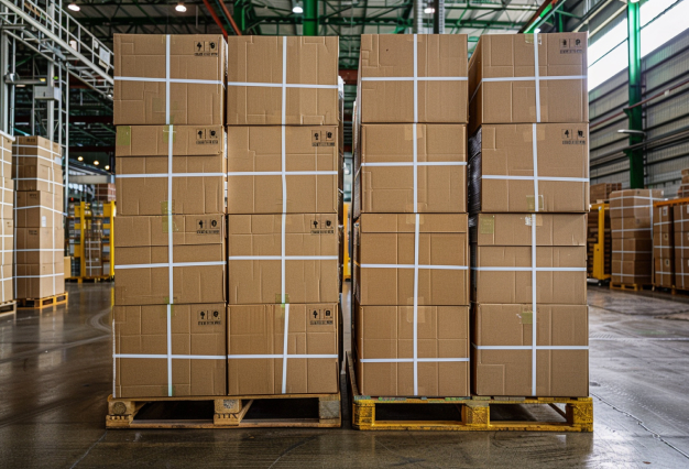 Storage facility shelves with boxes