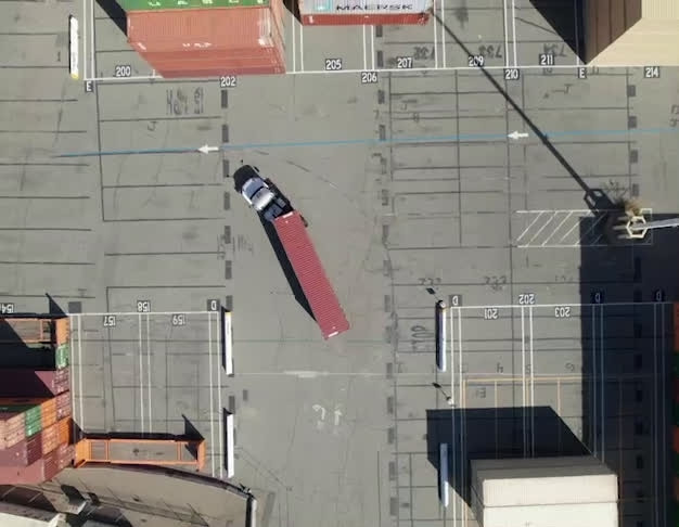 Bird view of containers and a truck